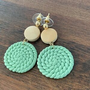 Elegant Green Gold and Wood Braided Clay Dangle Earrings